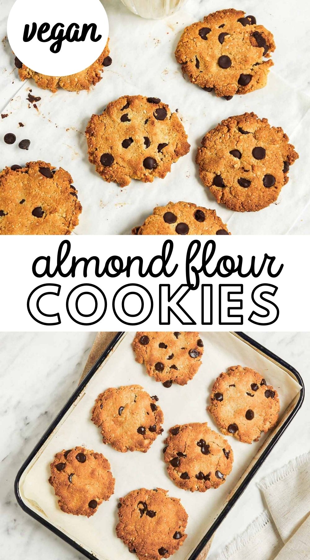 Pinterest graphic with an image and text for almond flour chocolate chip cookies.