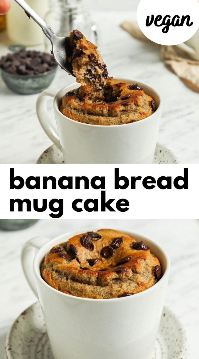 Pinterest graphic with an image and text for a banana bread mug cake recipe.