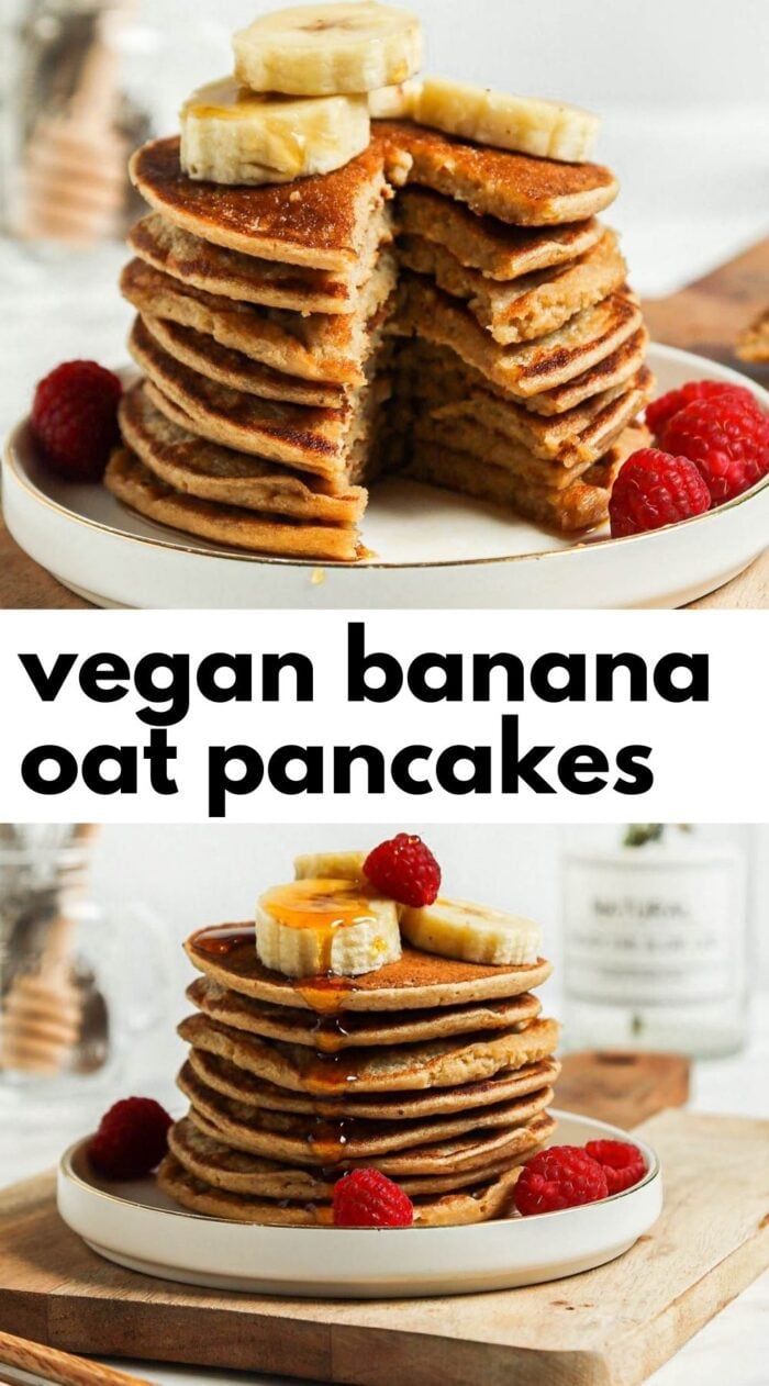 Pinterest graphic with an image and text for vegan banana oat pancakes.