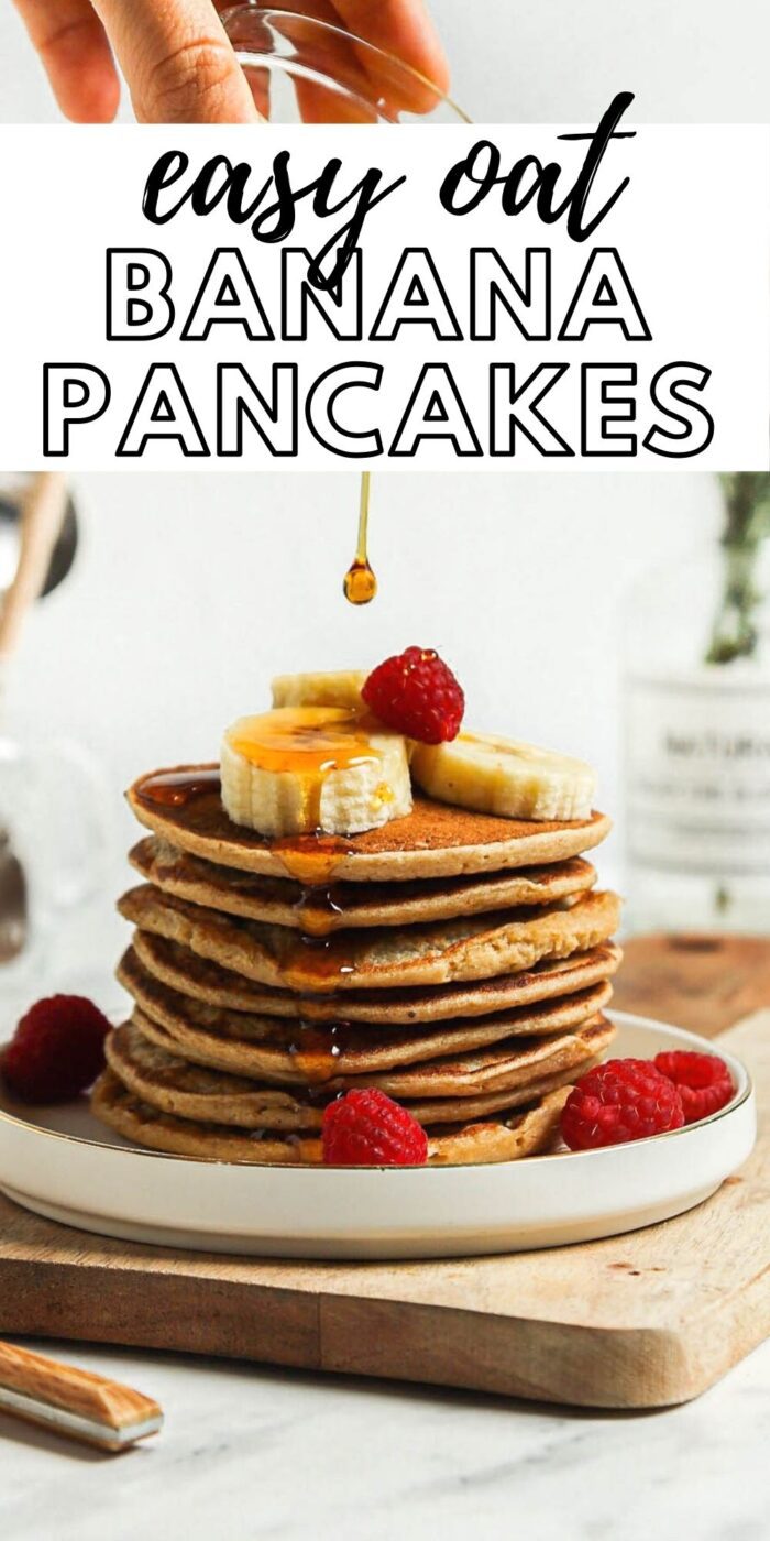 Pinterest graphic with an image and text for vegan banana oat pancakes.