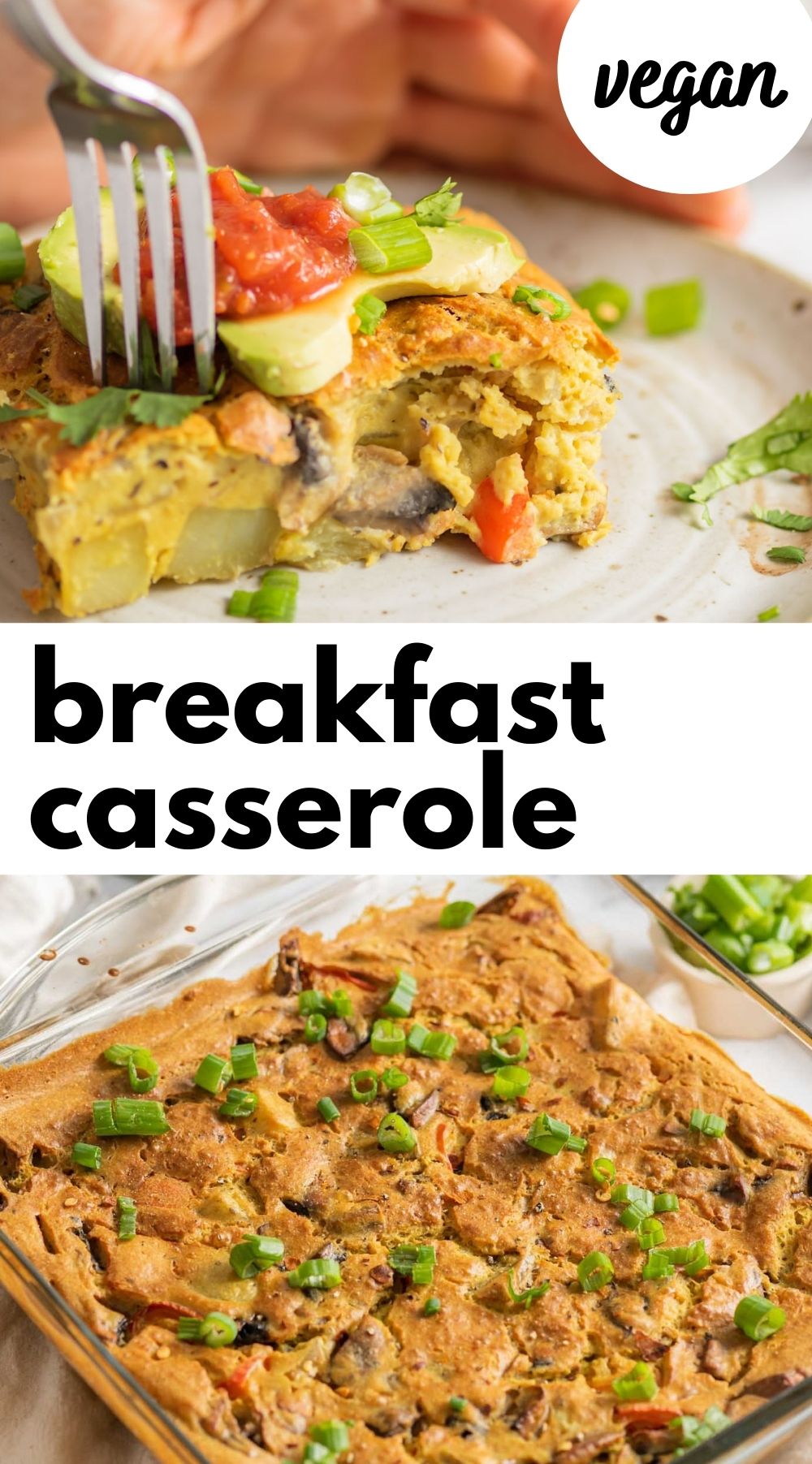 Pinterest graphic with an image and text for vegan breakfast casserole recipe.