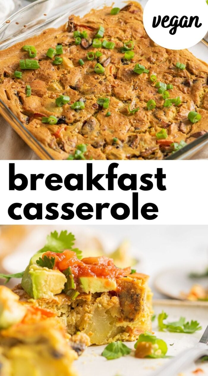 Pinterest graphic with an image and text for vegan breakfast casserole recipe.