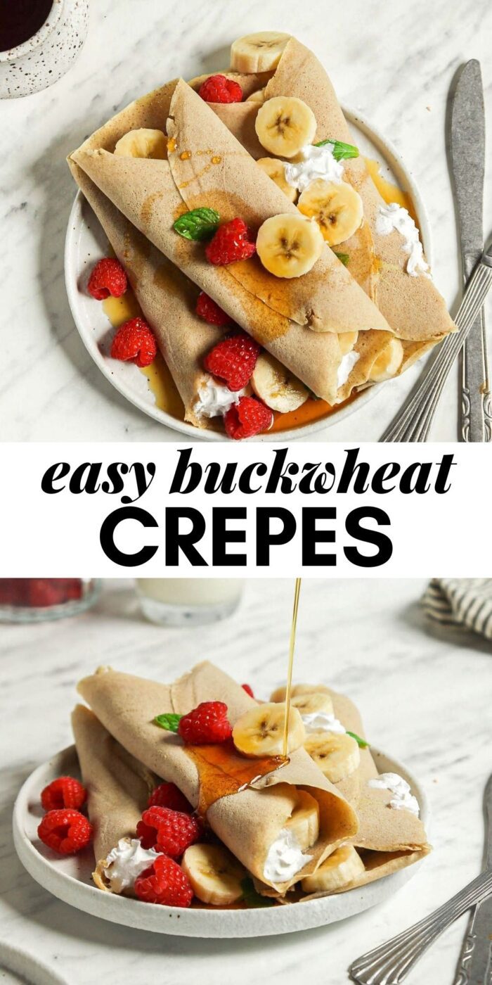 Pinterest graphic with an image and text for buckwheat crepes.