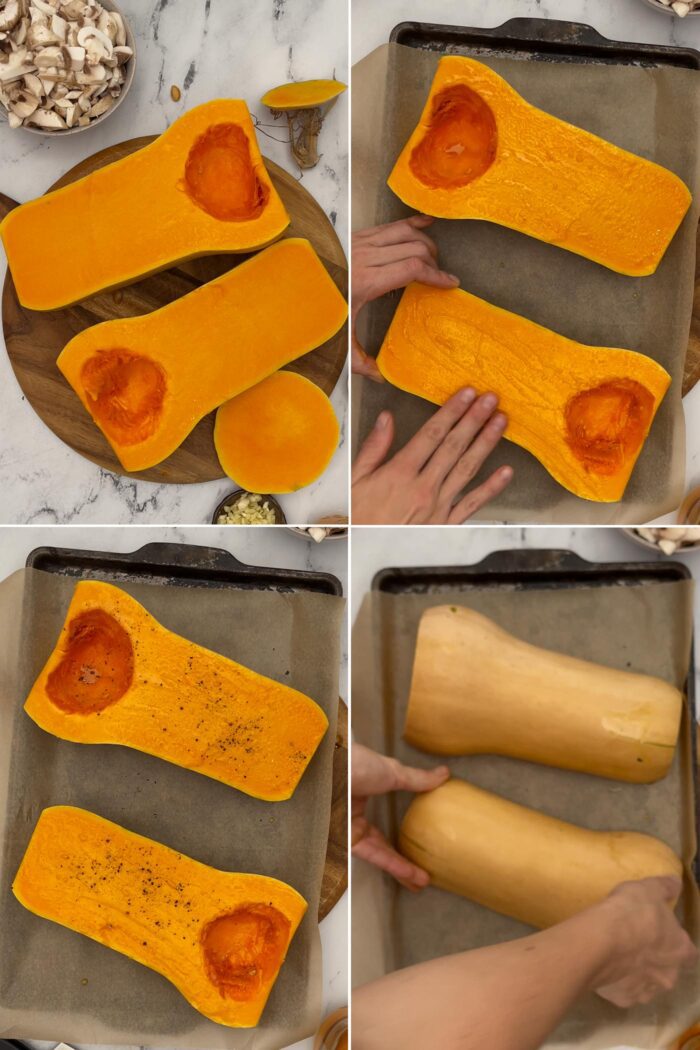 Step by step photos for preparing a butternut squash for roasting on a pan.