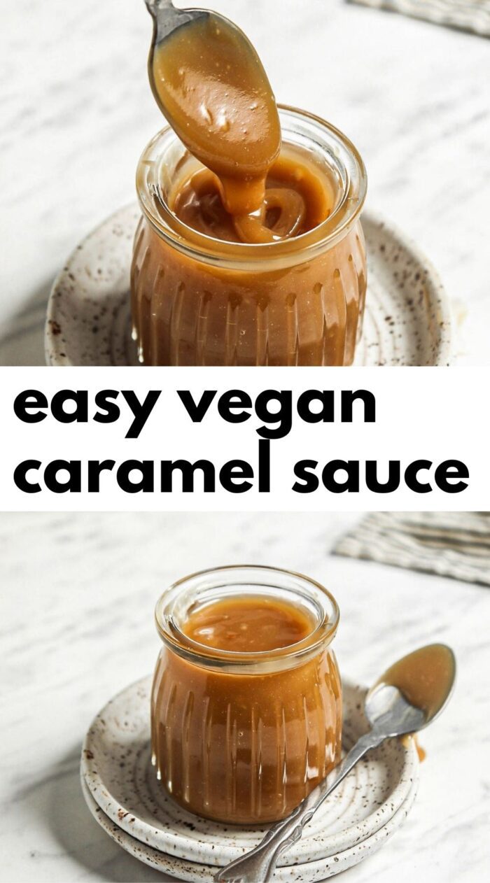 Pinterest graphic with an image and text for vegan caramel sauce.