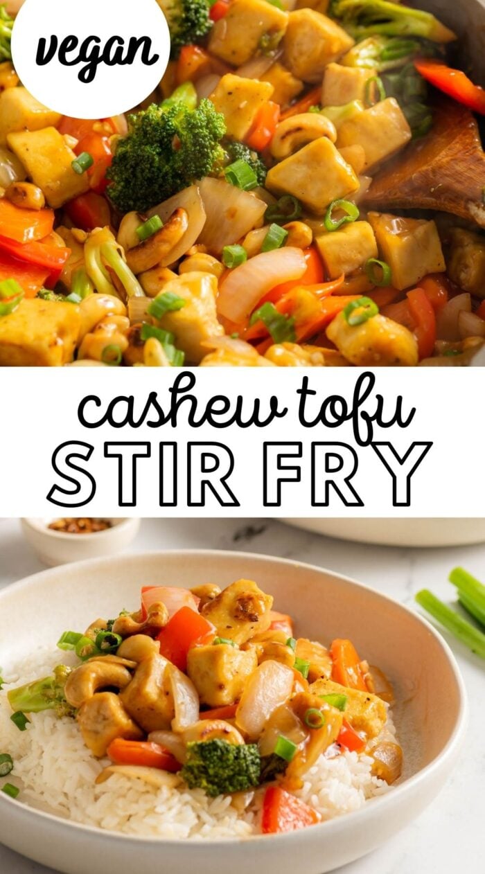 Pinterest graphic with an image and text for a cashew tofu stir fry recipe.