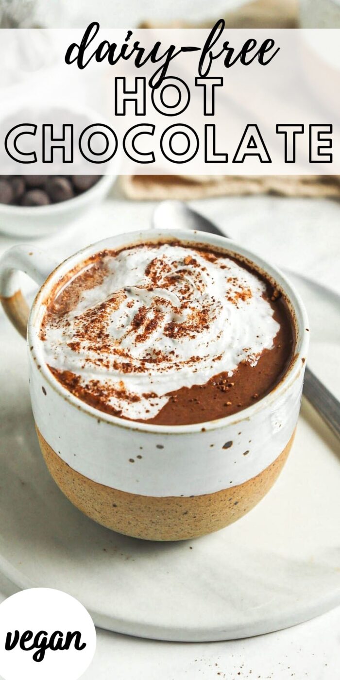 Pinterest graphic with an image and text for homemade hot chocolate.