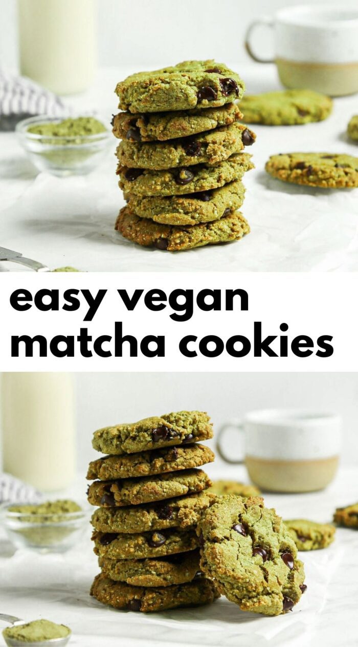 Pinterest graphic with an image and text for matcha cookies.