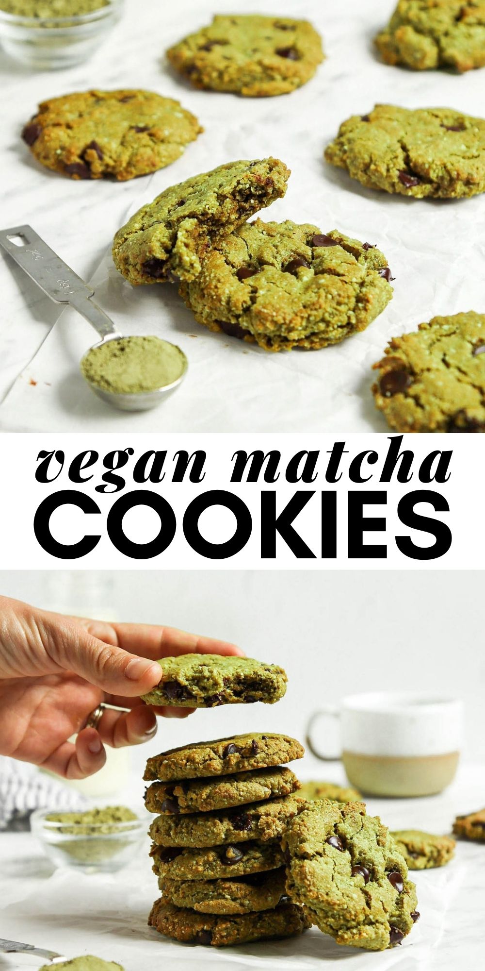 Pinterest graphic with an image and text for matcha cookies.