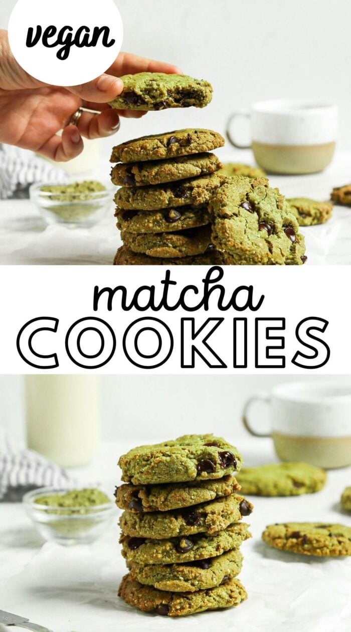 Pinterest graphic with an image and text for matcha cookies.