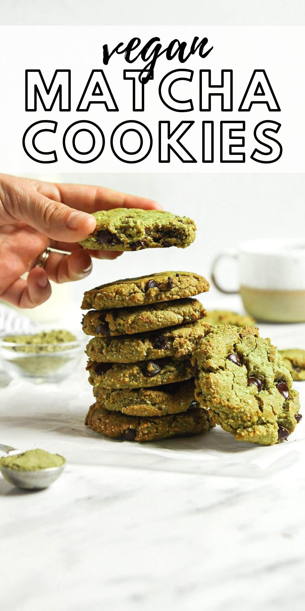 Pinterest graphic with an image and text for matcha cookies.