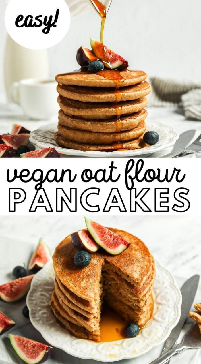 Pinterest graphic with an image and text for oat flour pancakes.