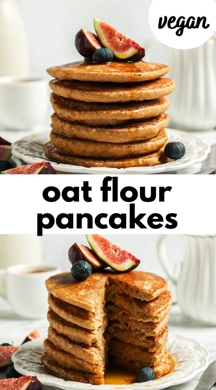Pinterest graphic with an image and text for oat flour pancakes.