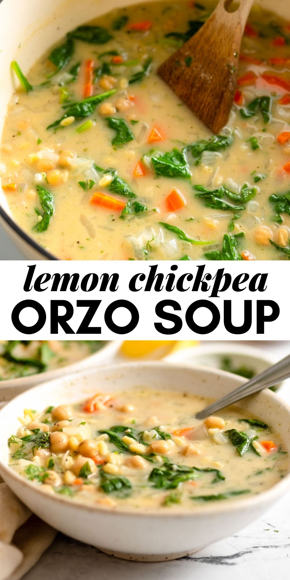 Pinterest graphic with an image and text for vegan lemon chickpea orzo soup.