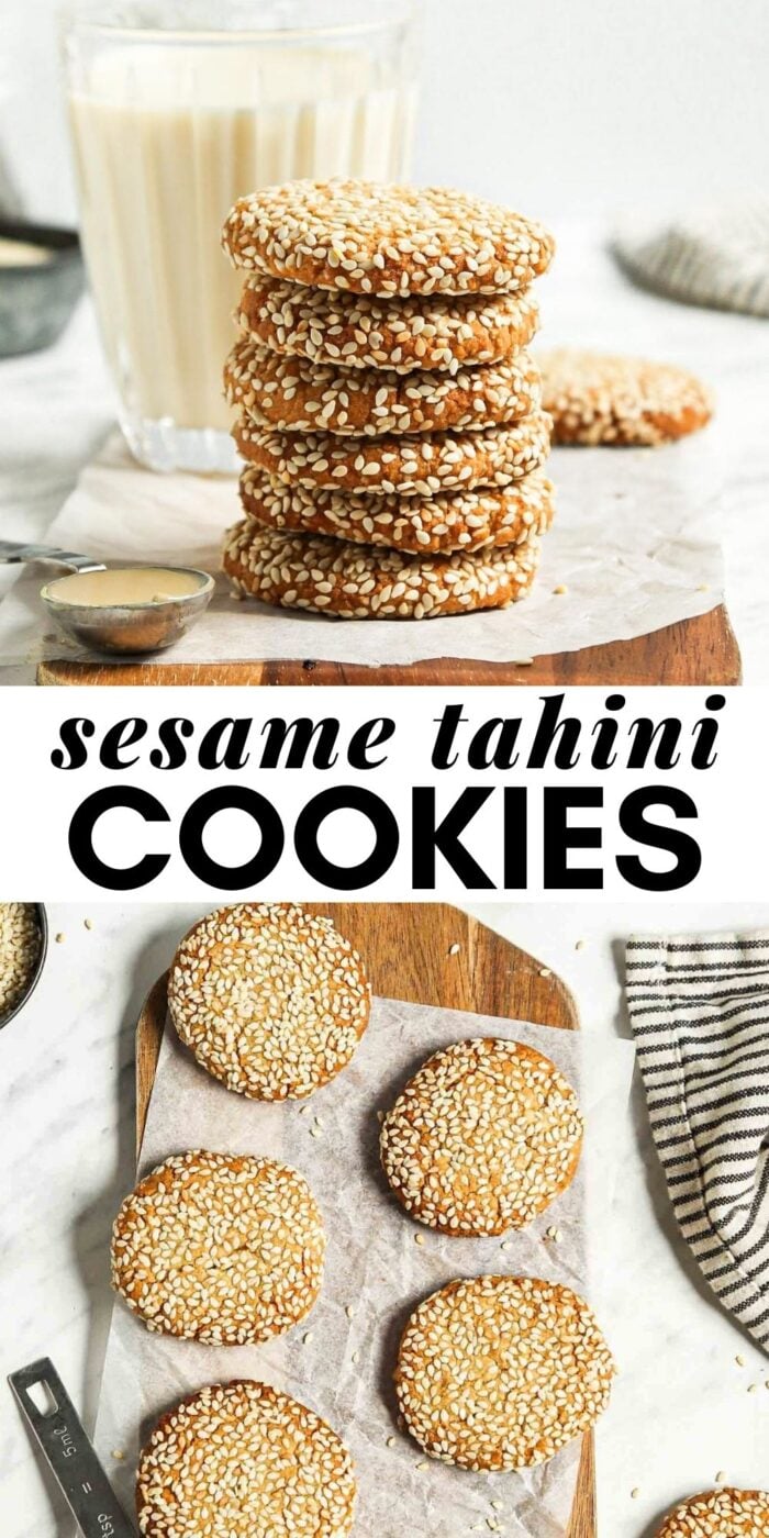 Pinterest graphic with an image and text for sesame tahini cookies.