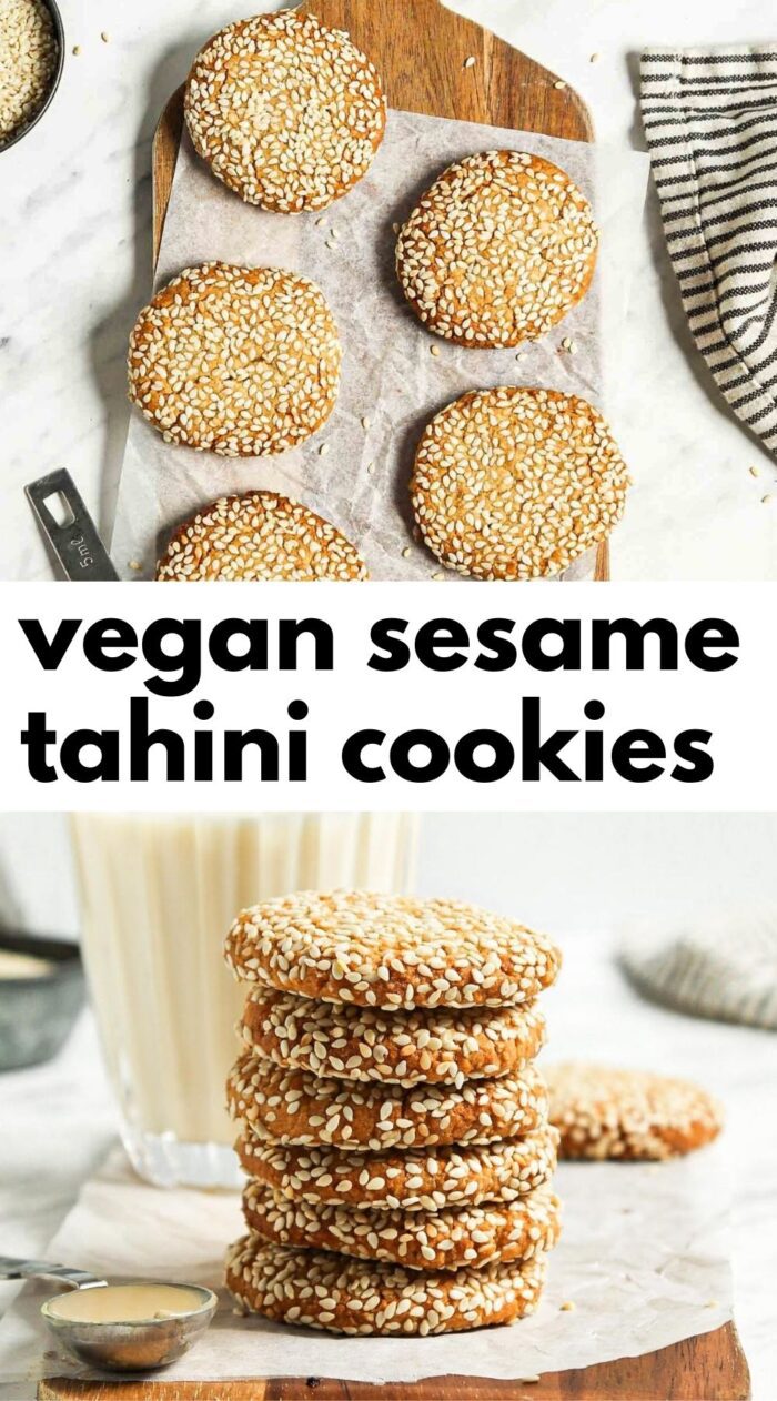 Pinterest graphic with an image and text for sesame tahini cookies.