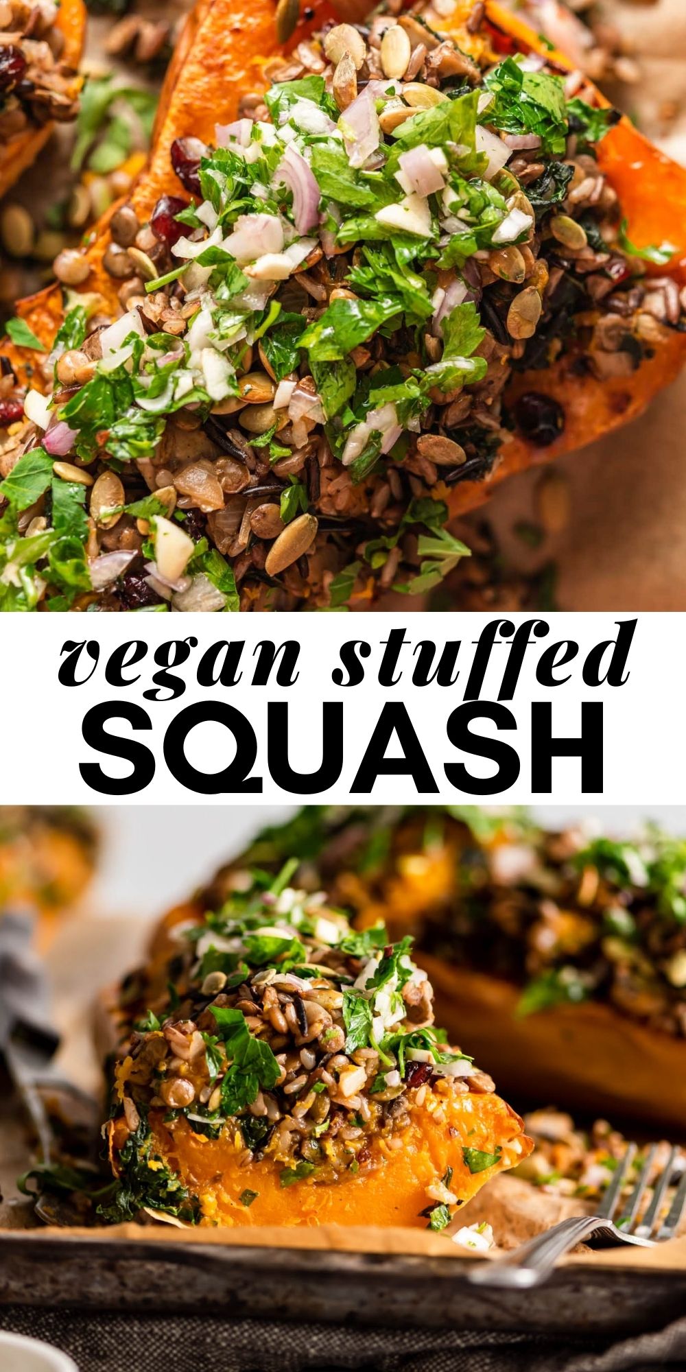 Pinterest graphic with an image and text for stuffed squash.