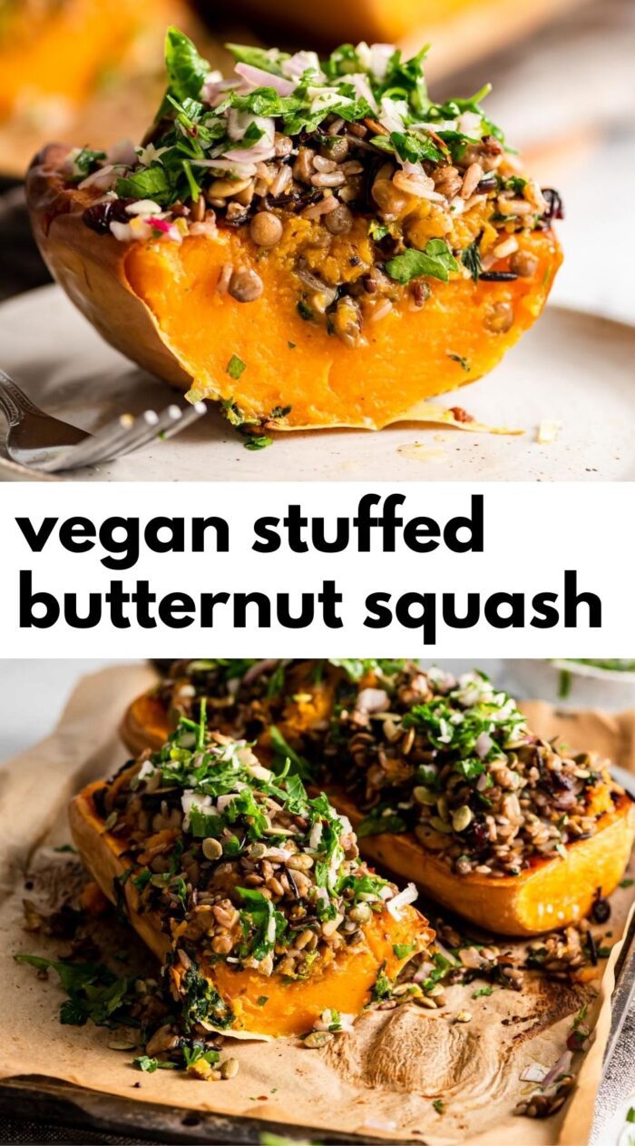 Pinterest graphic with an image and text for stuffed squash.