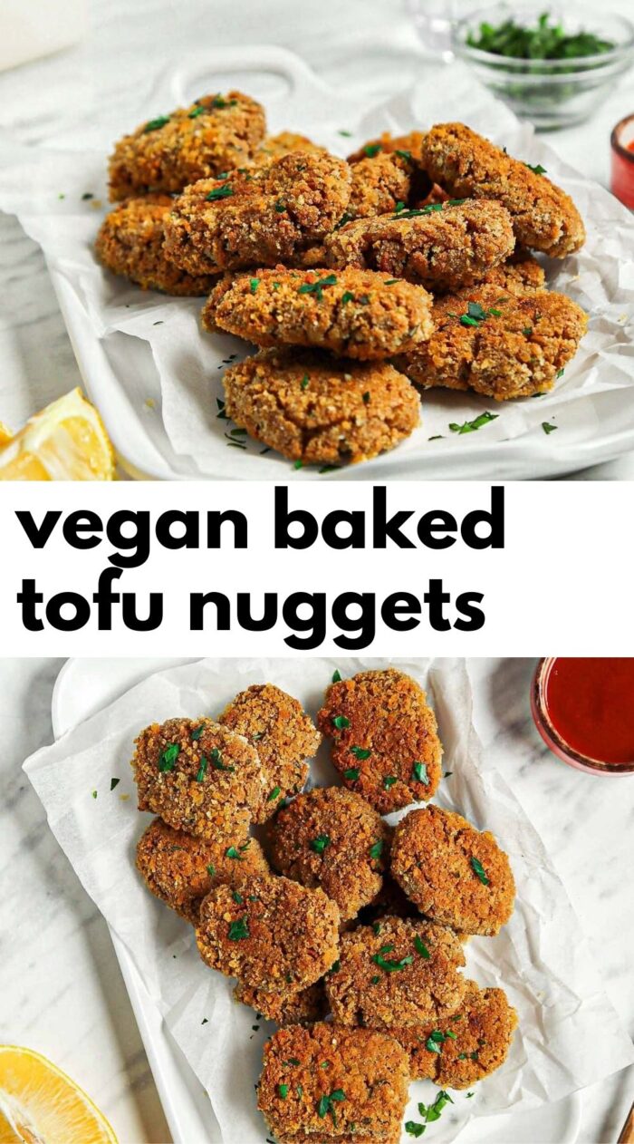 Gráfico de Pinterest con imagen y texto para nuggets de tofu horneados.
