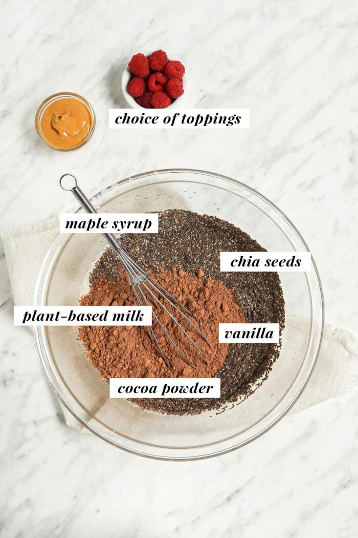 Bowl of chia seeds, cocoa powder and milk in a glass bowl. Ingredients are labelled with text overlay.