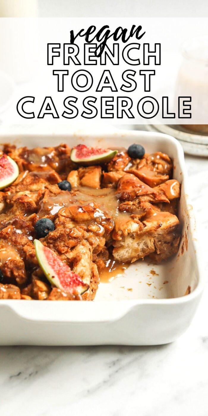Pinterest graphic with an image and text for French toast casserole.