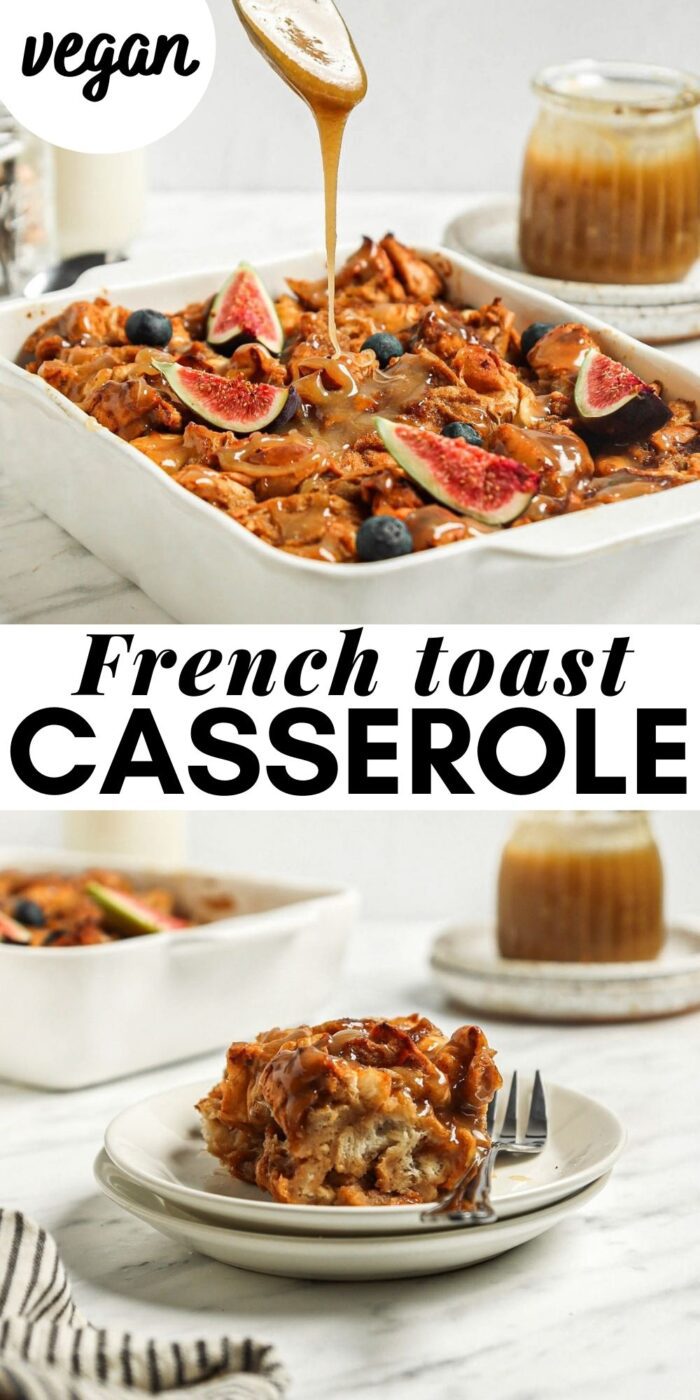 Pinterest graphic with an image and text for French toast casserole.
