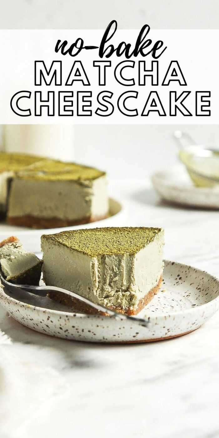 Pinterest graphic with an image and text for no-bake matcha cheesecake.