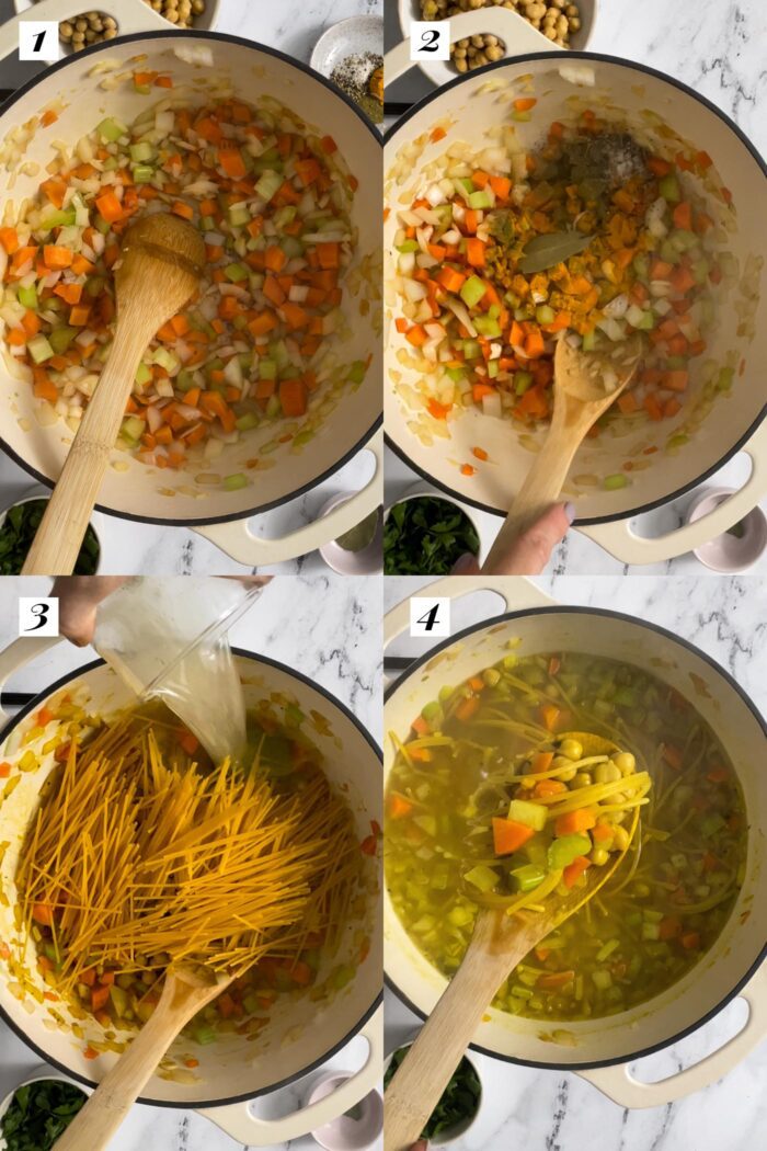 Collage of step-by-step photos for making a chickpea noodle soup.