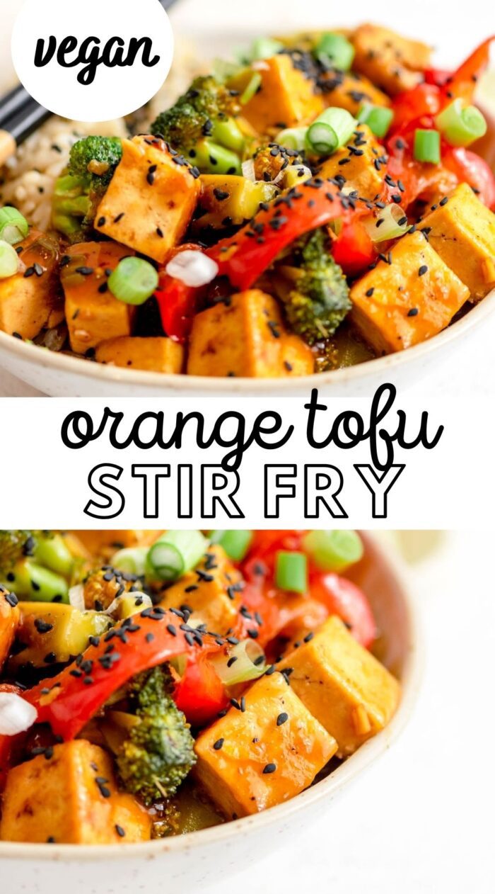 Pinterest graphic with an image and text for vegan orange tofu.