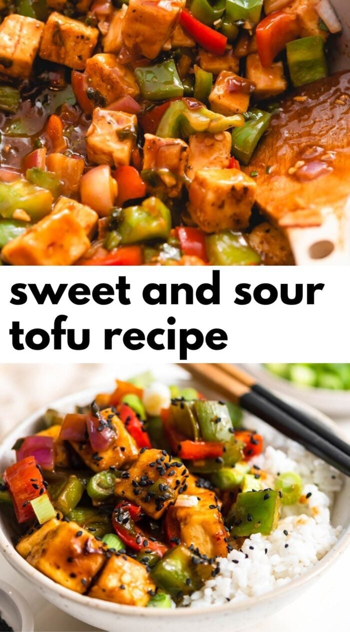 Pinterest graphic with an image and text for sweet and sour tofu.