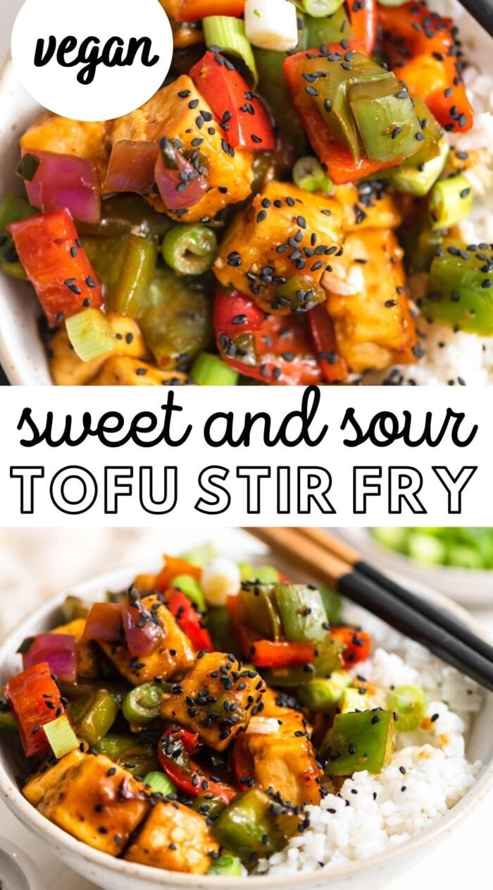 Pinterest graphic with an image and text for sweet and sour tofu.