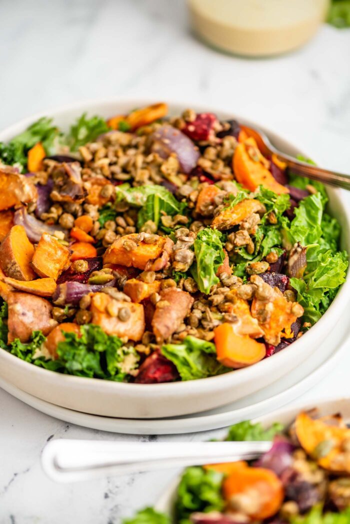 Bowl of a colourful kale salad with sweet potato, beet, onion, carrot and lentils.