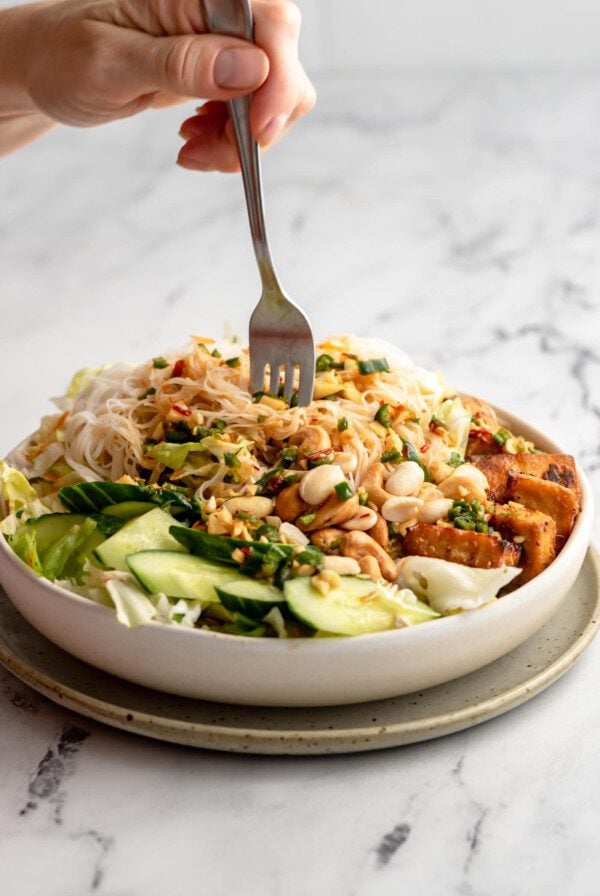 Hand using a fork in a tofu vermicelli salad.