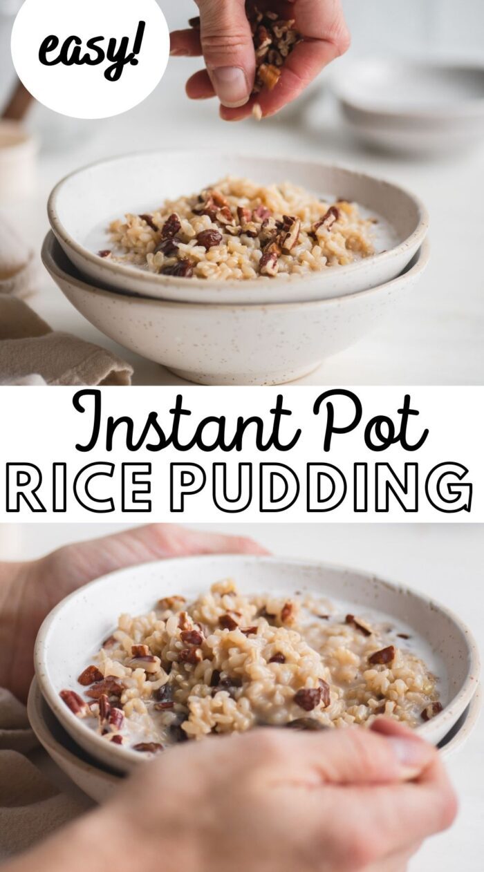 Pinterest graphic with an image and text for brown rice pudding.