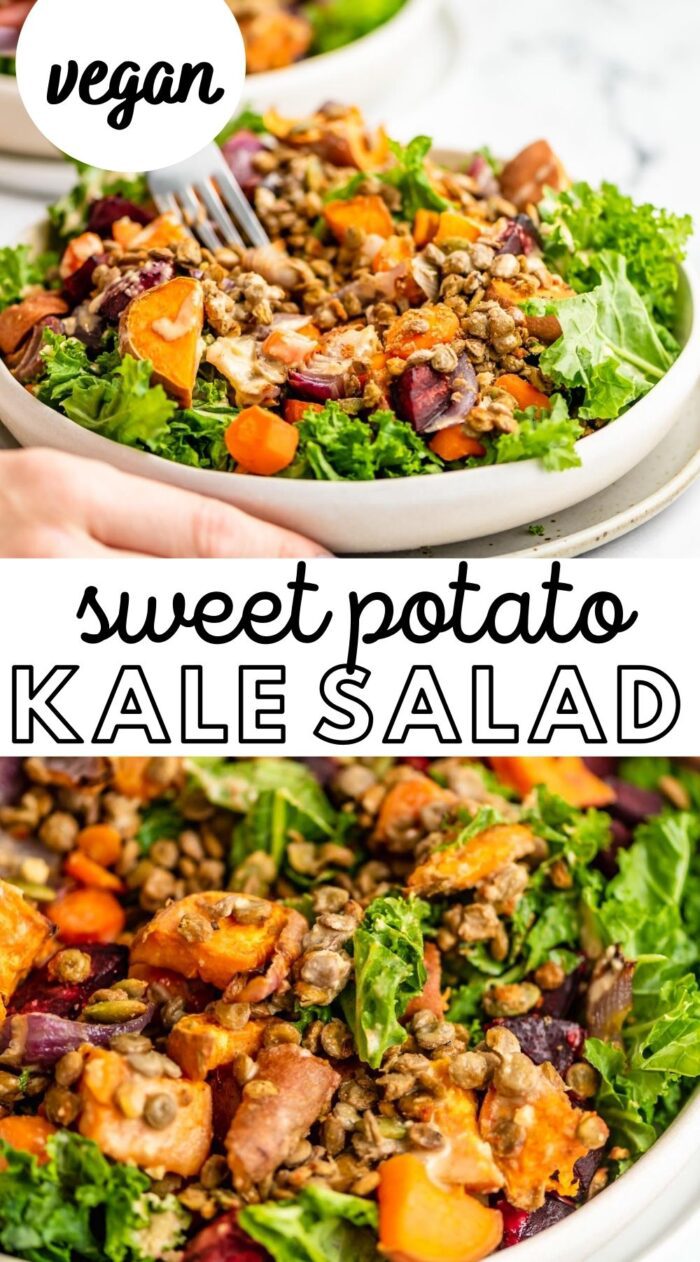 Pinterest graphic with an image and text for sweet potato kale salad.