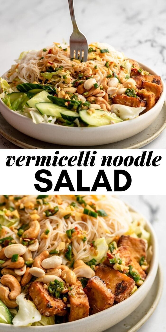 Pinterest graphic with an image and text for vegan vermicelli salad.
