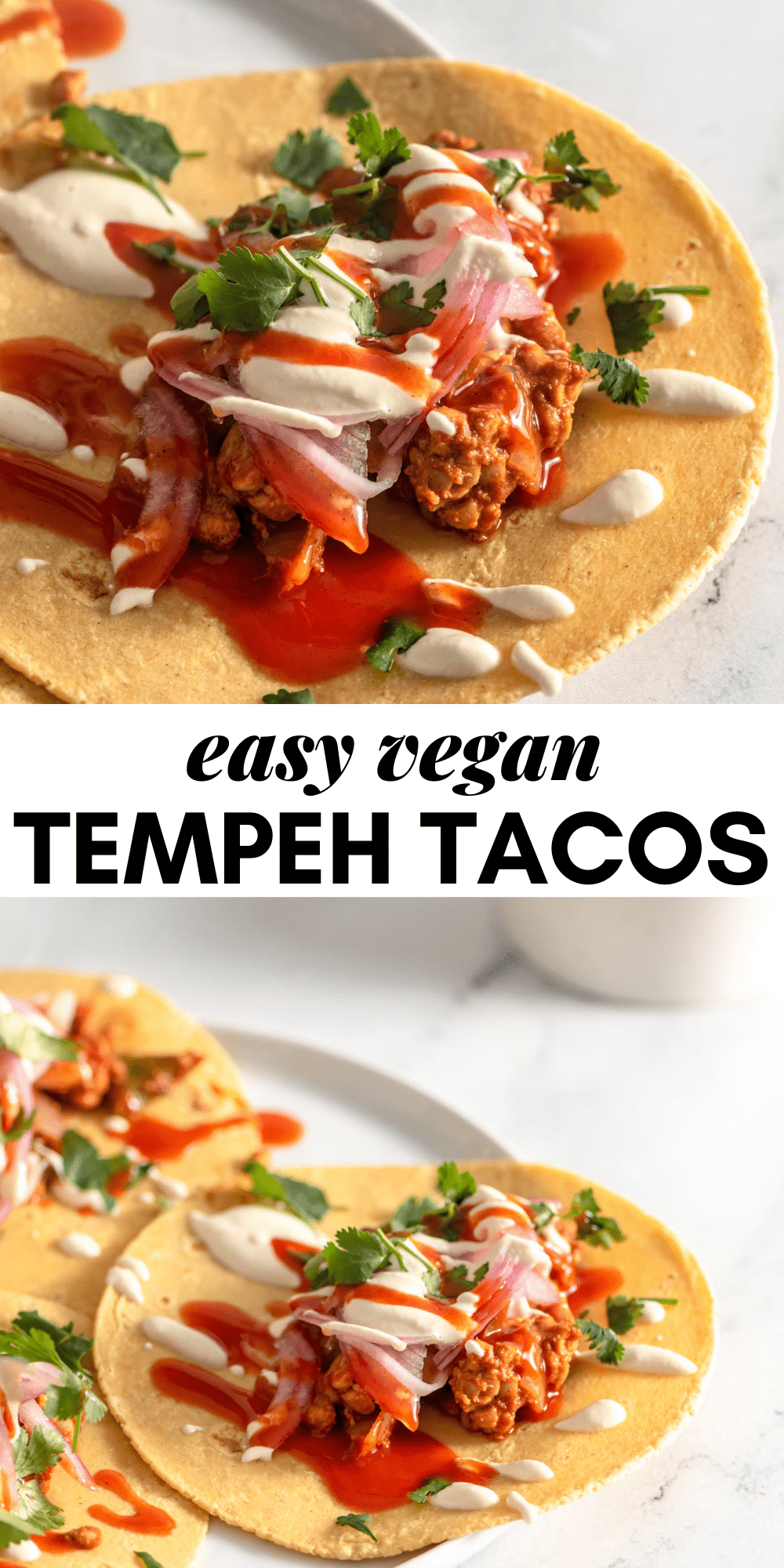 Pinterest graphic with an image and text for vegan tempeh tacos.