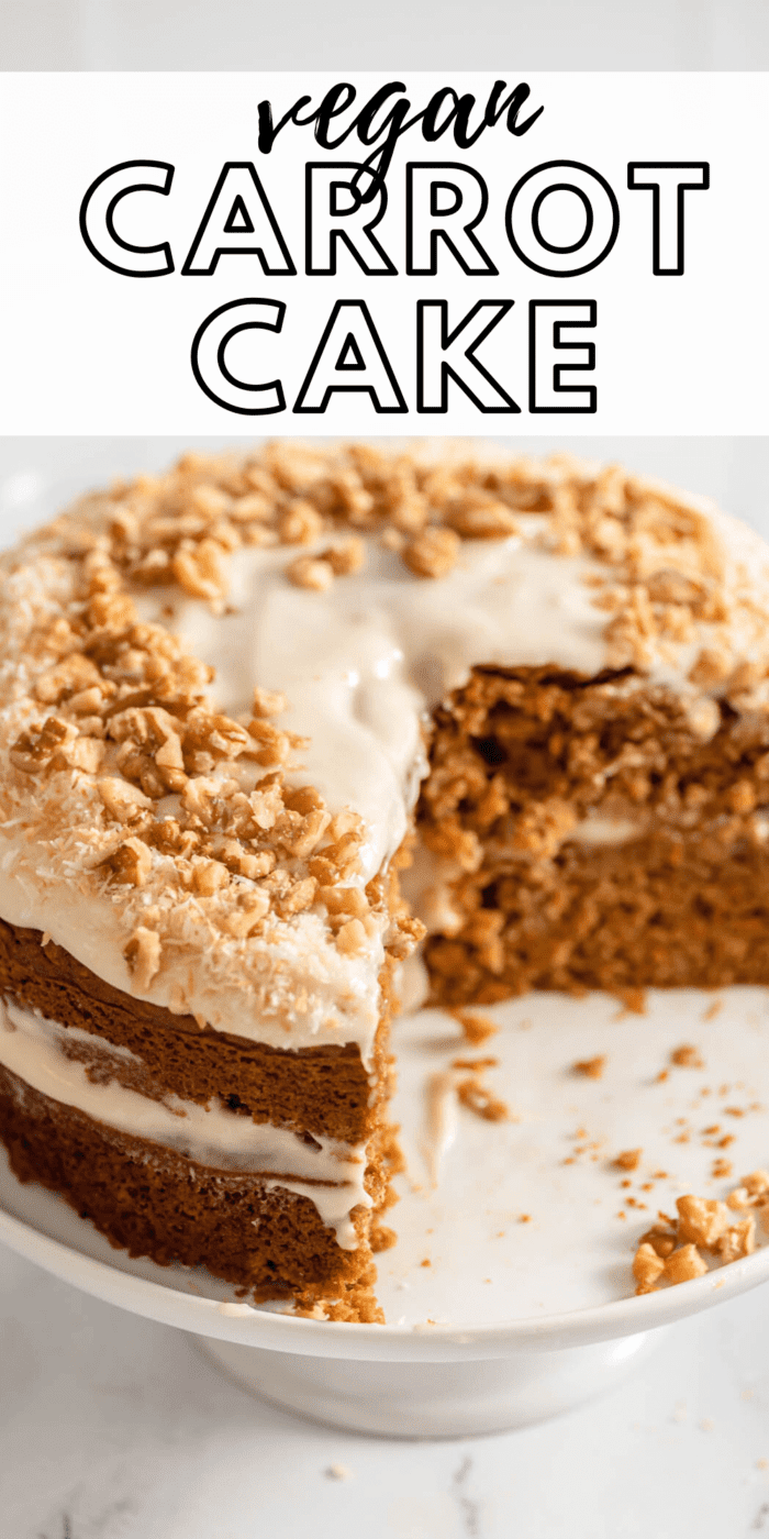 Pinterest graphic with an image and text for vegan carrot cake.