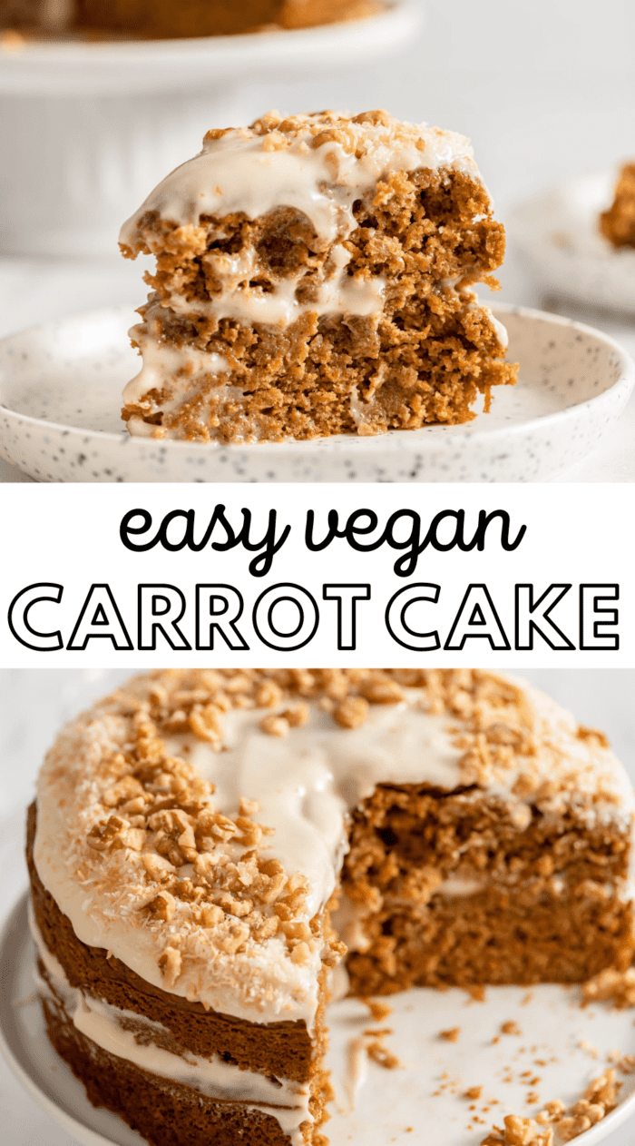 Pinterest graphic with an image and text for vegan carrot cake.