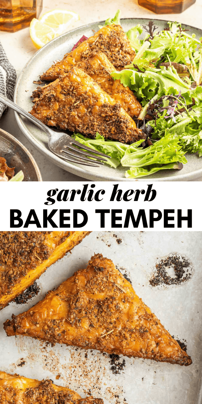 Pinterest graphic with an image and text for vegan garlic herb baked tempeh.