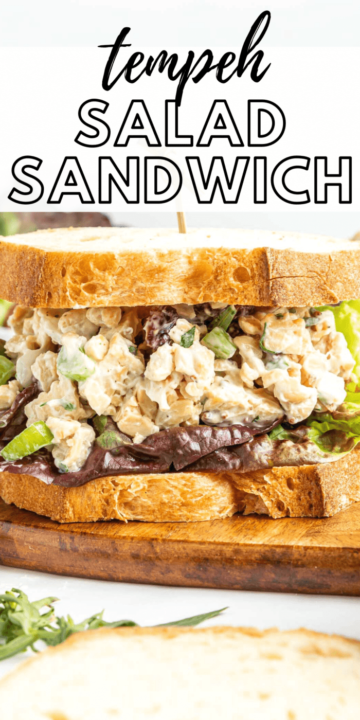 Pinterest graphic with an image and text for vegan chicken salad sandwich.
