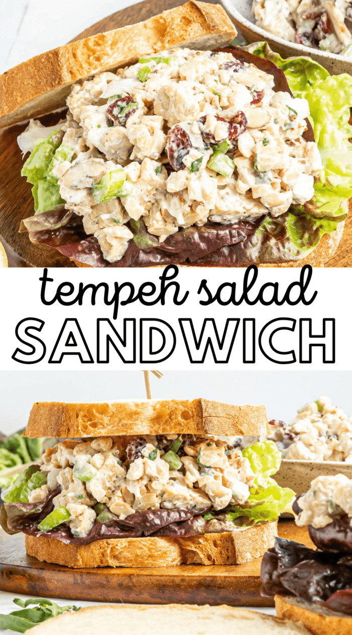Pinterest graphic with an image and text for vegan chicken salad sandwich.