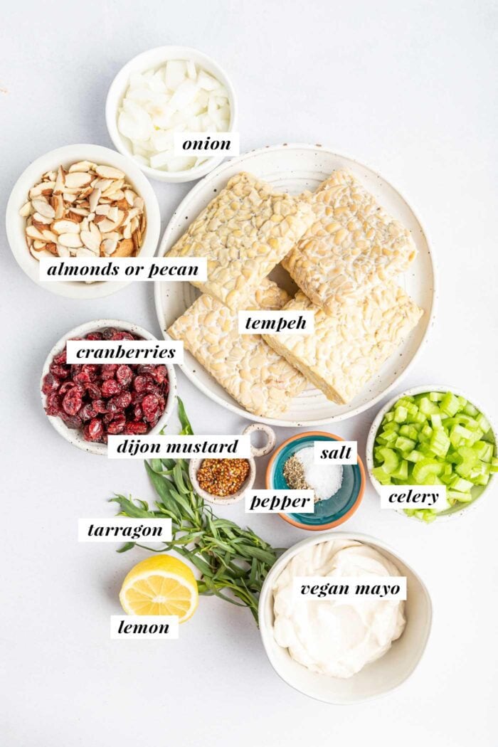 Image of the ingredients needed for making a vegan chicken salad sandwich with tempeh and mayo. Each ingredient is labelled with text.