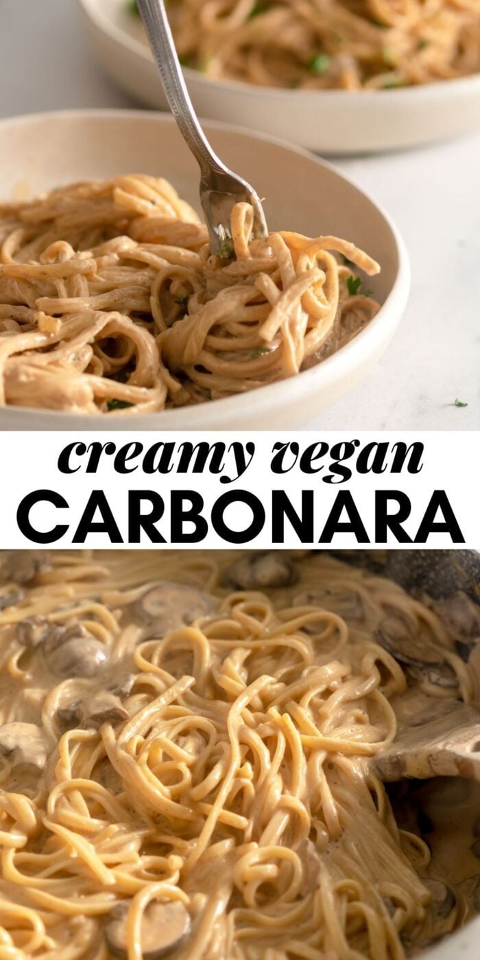 Pinterest graphic with an image and text for vegan carbonara.