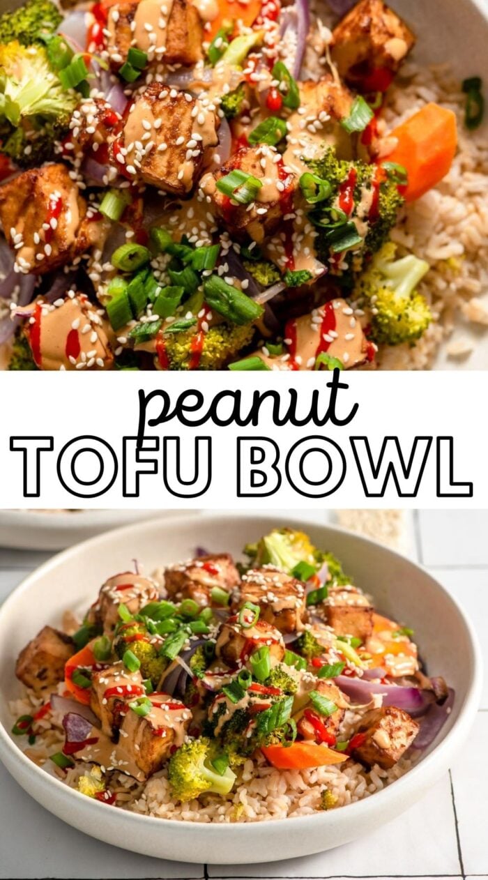 Gráfico de Pinterest con imagen y texto para un tazón de tofu de maní vegano.