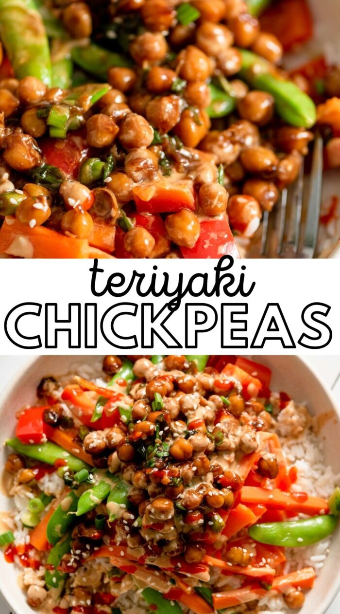Pinterest graphic with an image and text for teriyaki chickpea bowls.