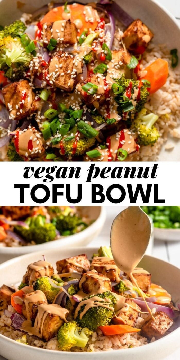 Gráfico de Pinterest con imagen y texto para un tazón vegano de tofu y maní.