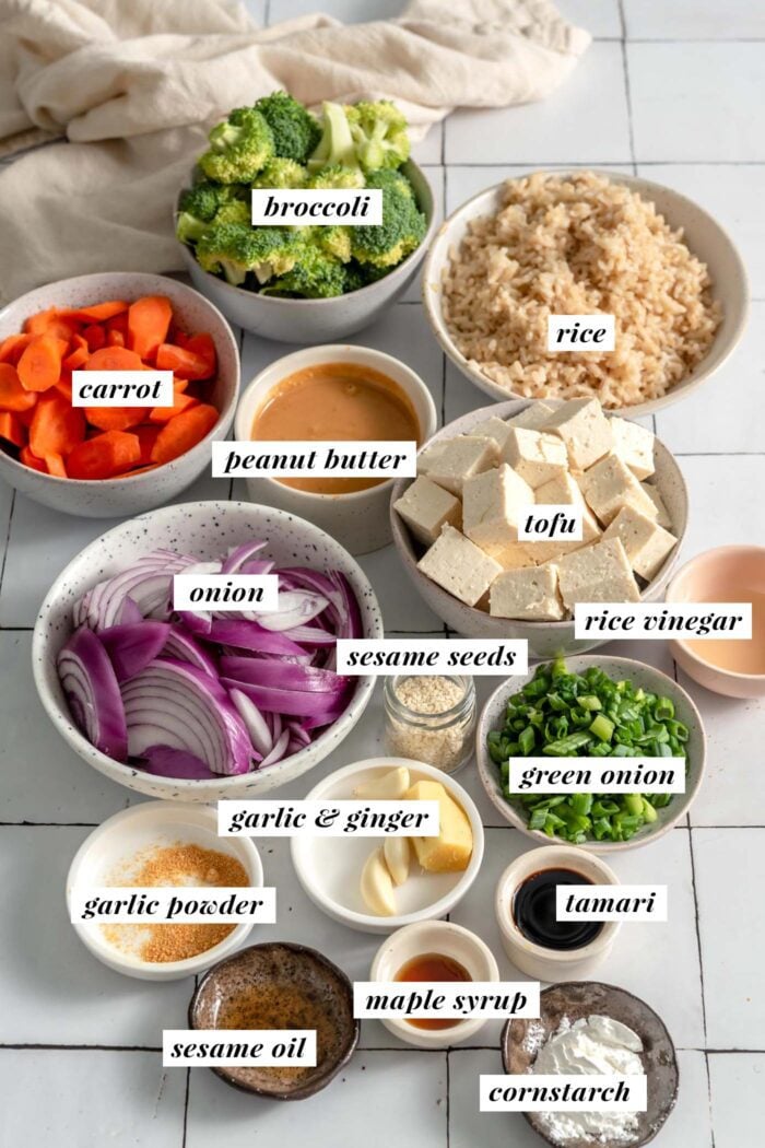 All ingredients needed for making a vegan tofu peanut bowl with vegetables and rice. Each ingredient is labelled with text.