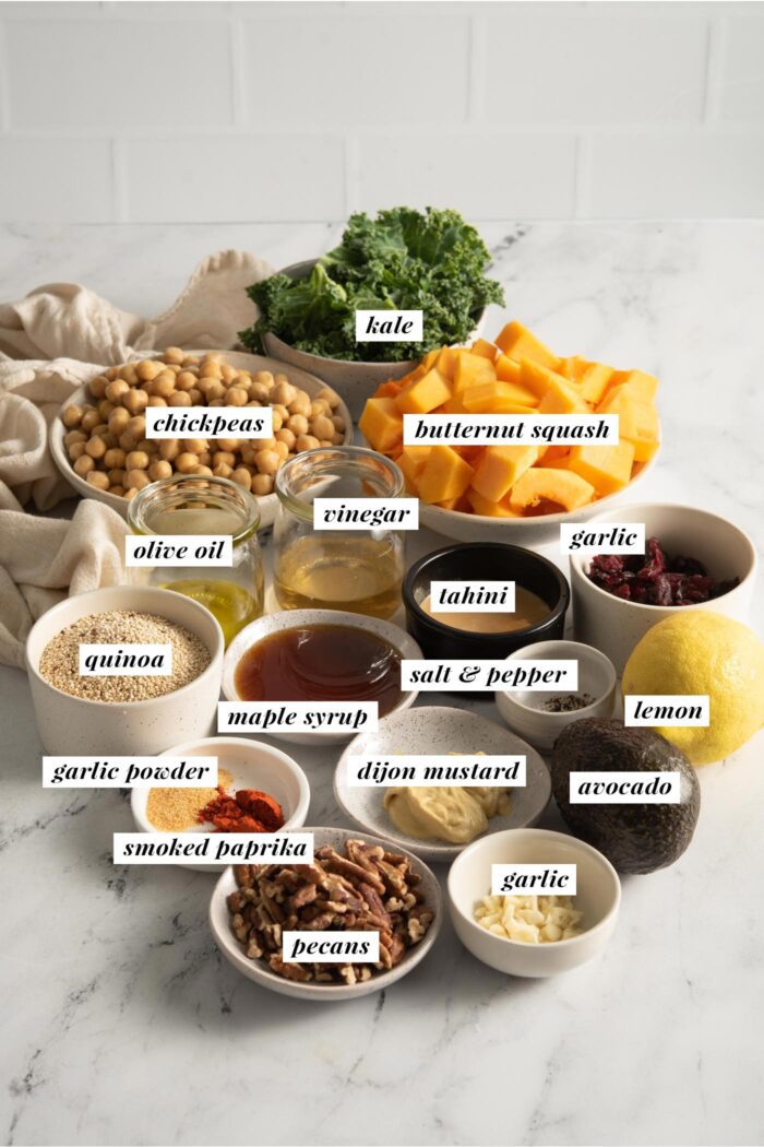 All of the ingredients assembled for making a vegan quinoa power bowl recipe with butternut squash, kale, avocado, pecans, cranberries and chickpeas.