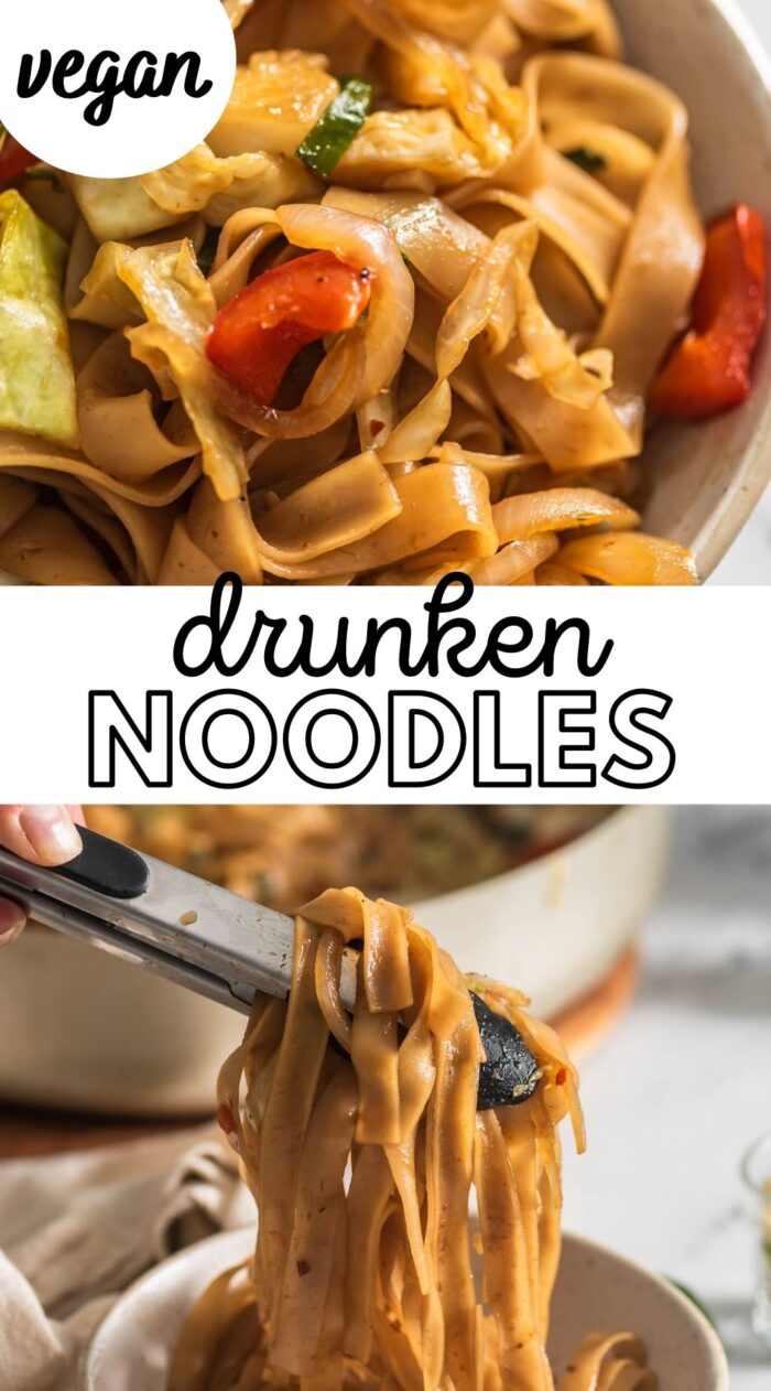 Pinterest graphic with an image and text for drunken noodles.
